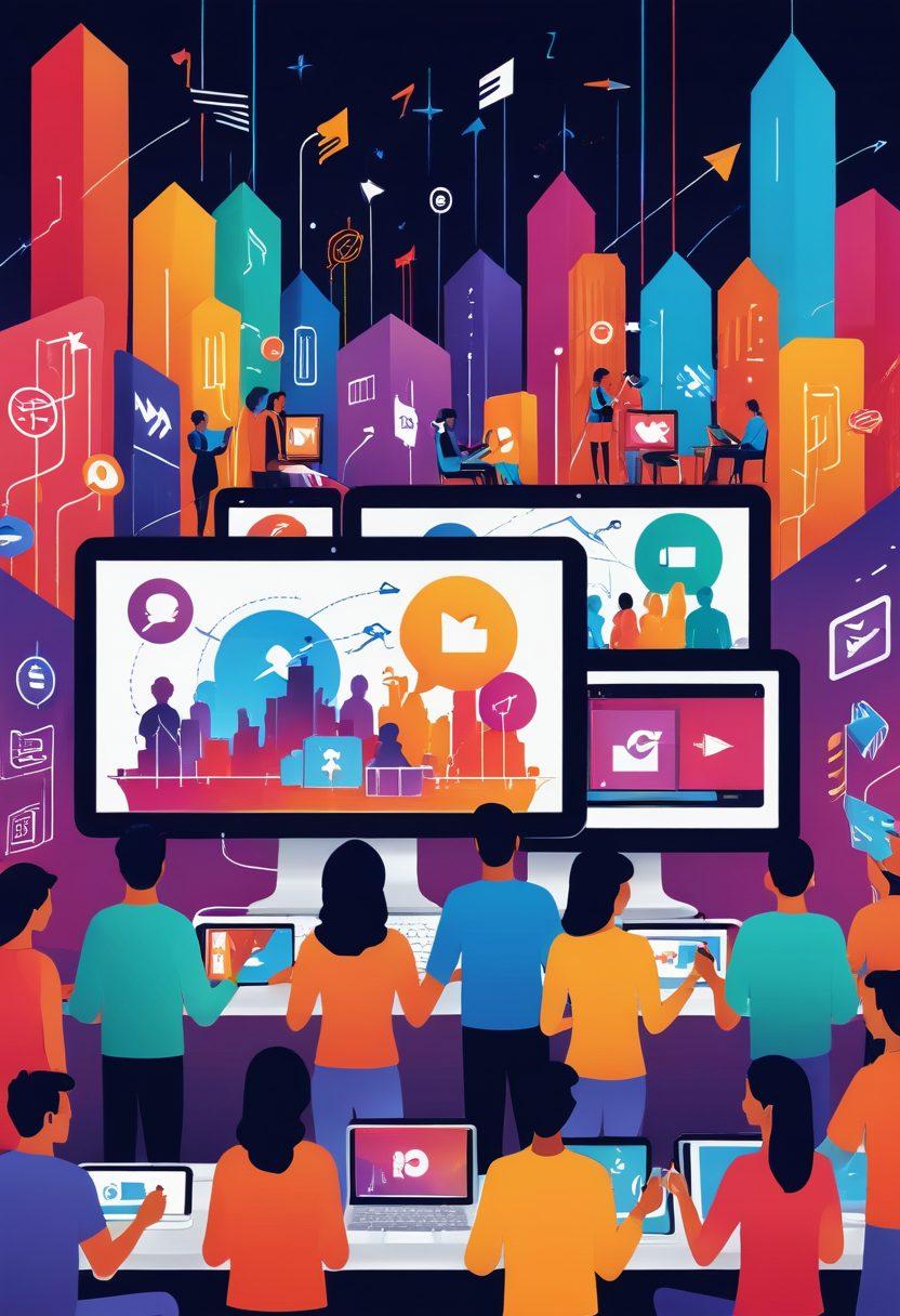 A dynamic and engaging scene of a diverse group of people watching web videos on various devices such as smartphones, tablets, and computers, all interconnected by vibrant streams of digital data. The background features iconic landmarks of different social media platforms and streaming services, with arrows and lines indicating the spreading of content. Infuse the image with a sense of movement and connectivity. vector art. vibrant colors.
