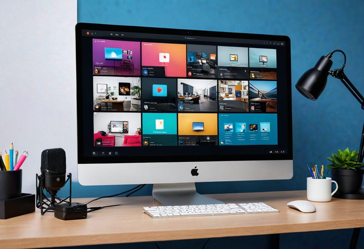 A vibrant mix of a digital workspace with a camera, microphone, and editing tools in front of a computer screen displaying multiple video thumbnails. Include icons for sharing and streaming platforms in the background. Modern, minimalist workspace. super-realistic. vibrant colors.