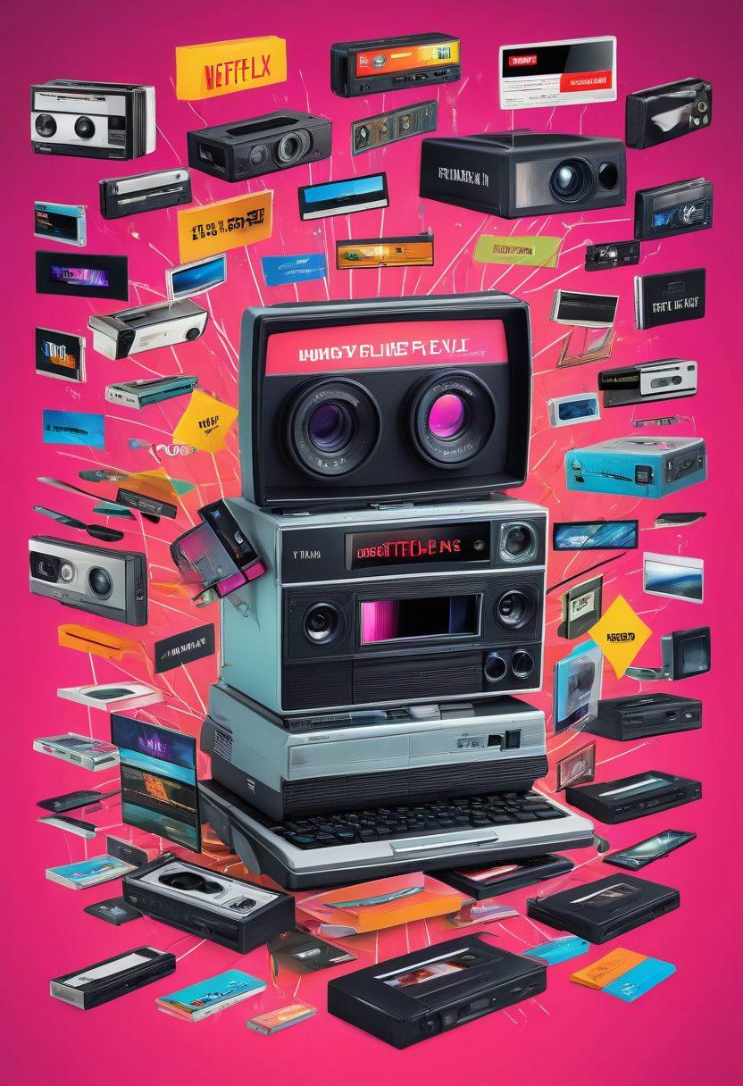 A dynamic collage showing the evolution of online videos, from VHS tapes and DVD discs to smartphones and modern streaming platforms like Netflix and YouTube. Include icons or symbols of different eras, such as camcorders, laptops, and smart TVs, connected by flowing arrows representing the progression of technology. 3D. vibrant colors. high-tech aesthetic.